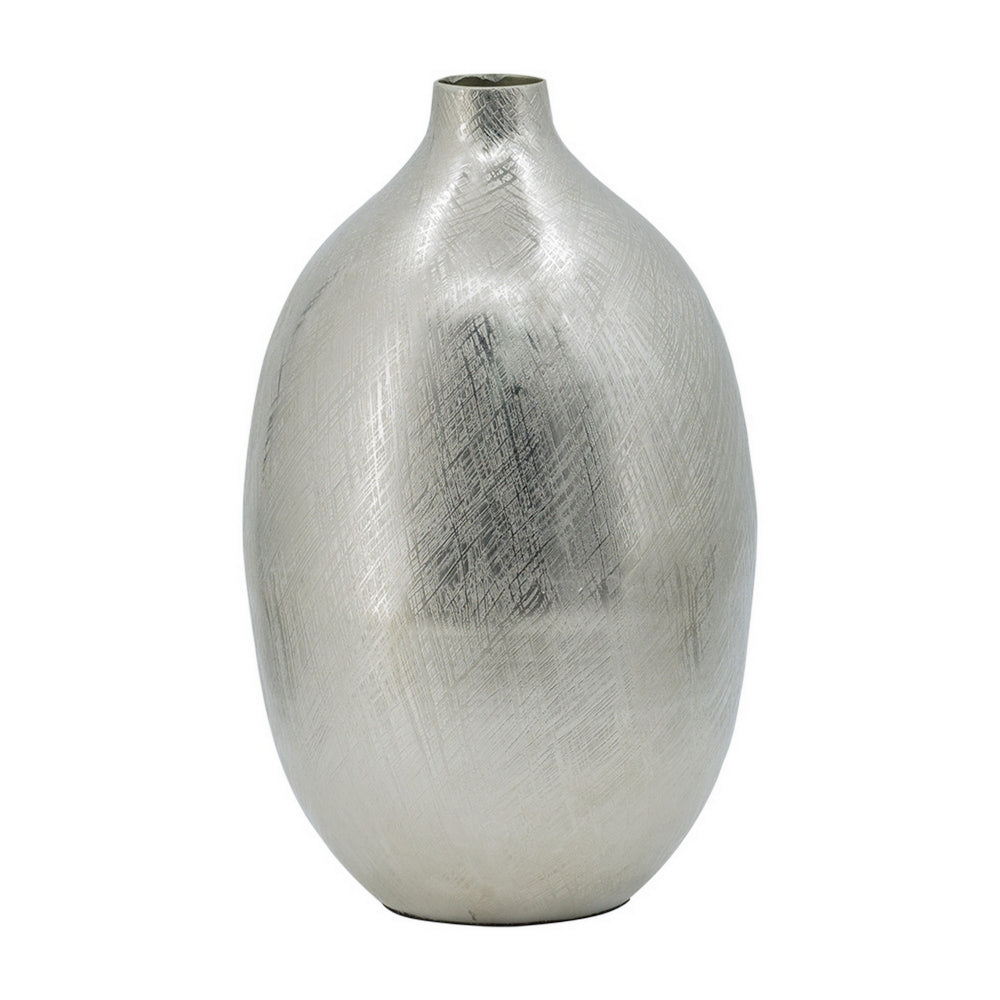 Pansy 14 Inch Modern Vase, Metal, Tall Curved Shape, Bottleneck, Silver