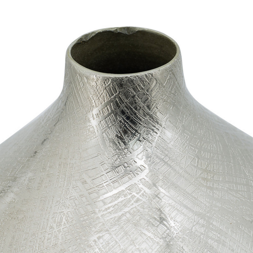 Pansy 14 Inch Modern Vase, Metal, Tall Curved Shape, Bottleneck, Silver