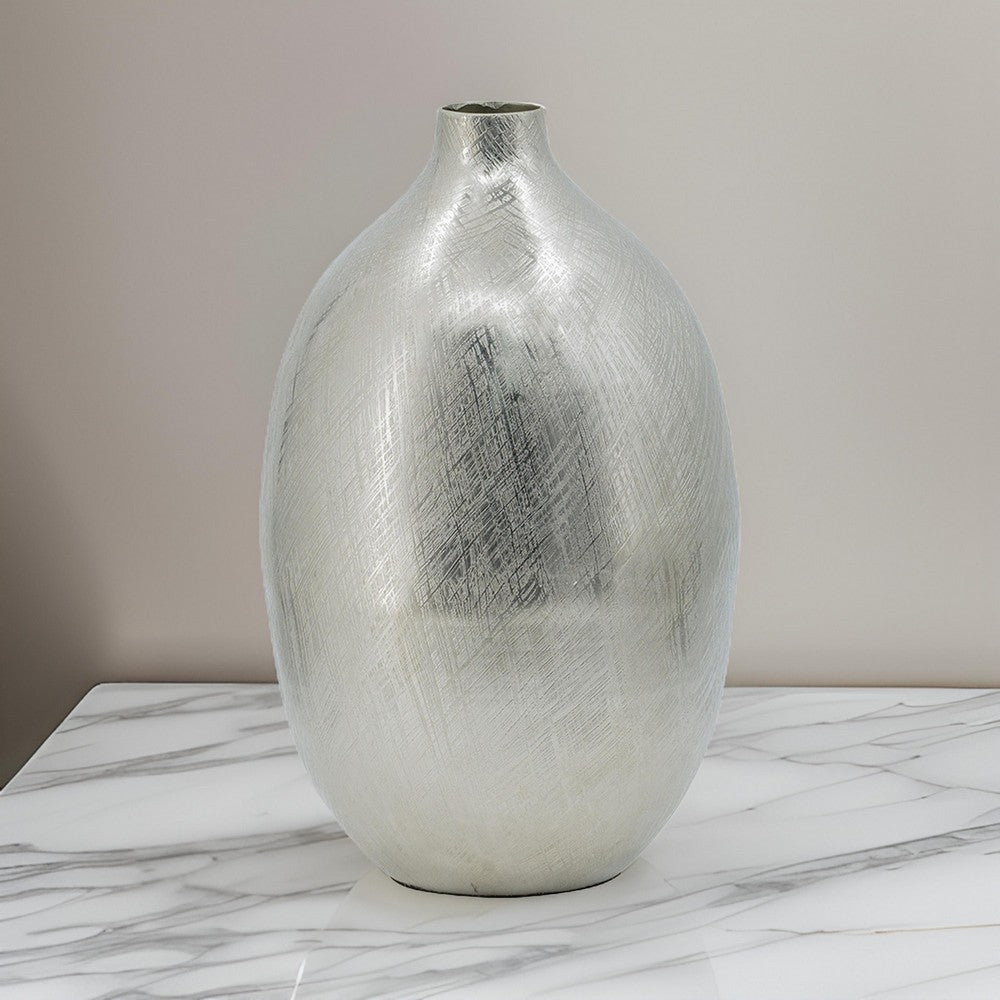 Pansy 14 Inch Modern Vase, Metal, Tall Curved Shape, Bottleneck, Silver