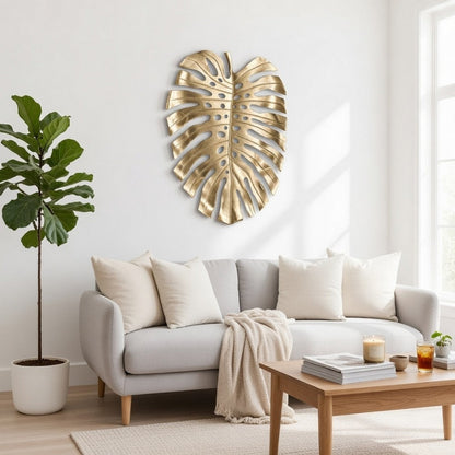 Linzo 25 Inch Metal Wall Hanging Decor, Monstera Leaf, Bright Gold Finish