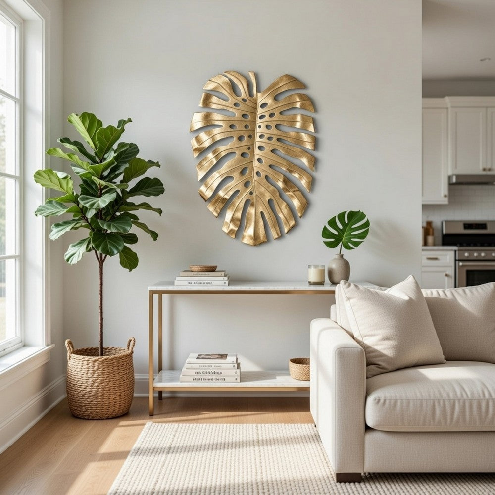 Linzo 25 Inch Metal Wall Hanging Decor, Monstera Leaf, Bright Gold Finish