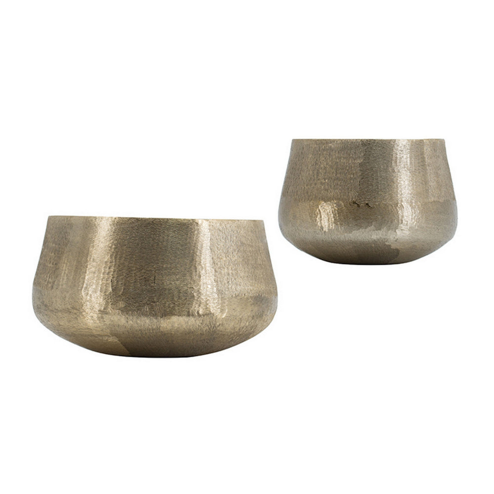 Set of 2 Metal Bowls, Seude Gold Finish, Curved Shape, Streaked Texture