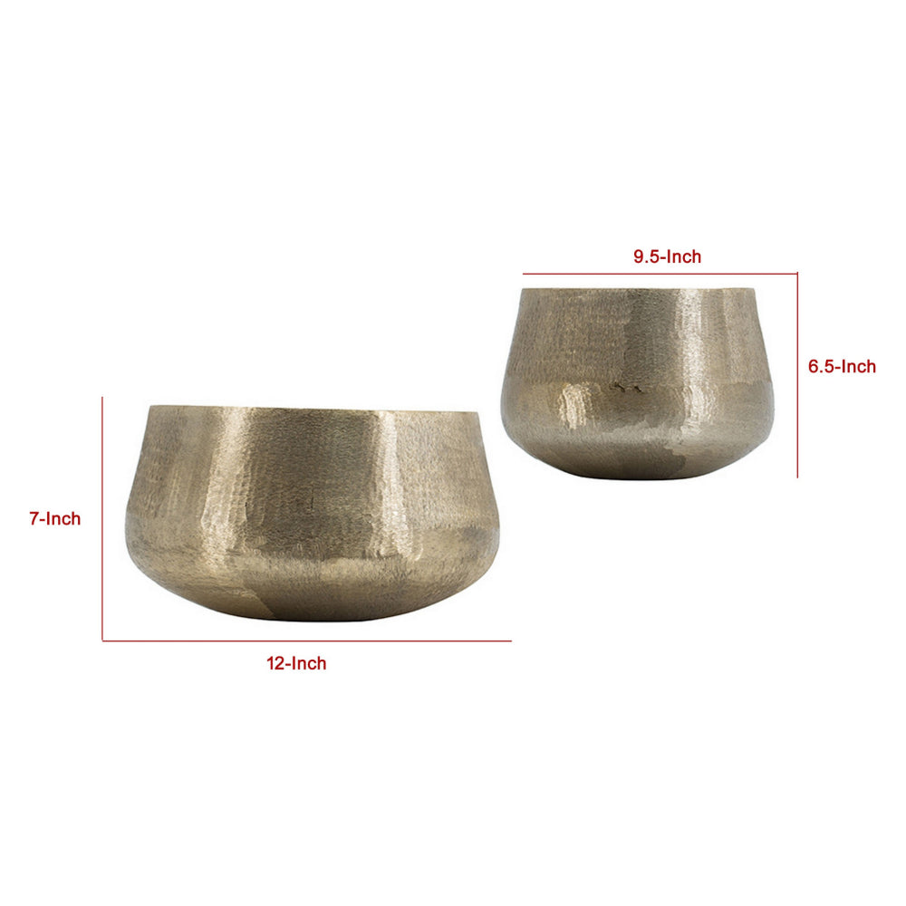 Set of 2 Metal Bowls, Seude Gold Finish, Curved Shape, Streaked Texture