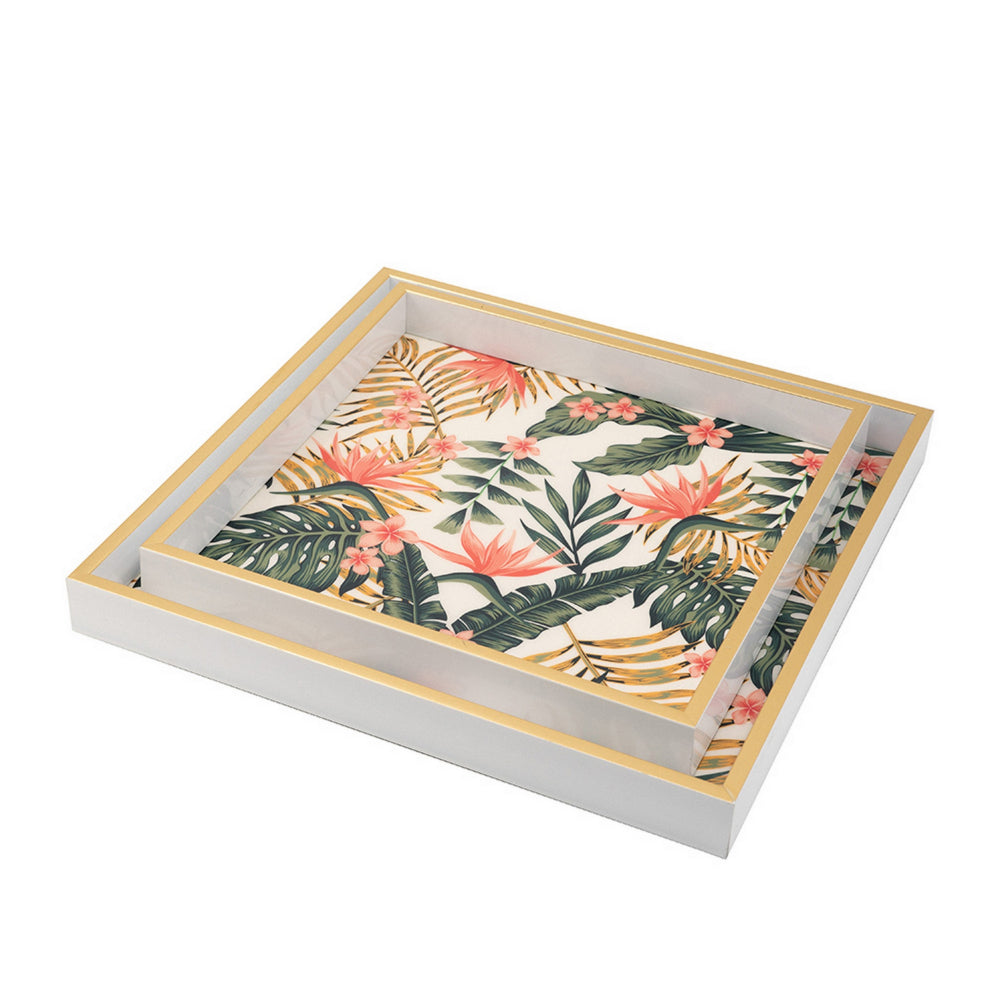 Set of 2 Decorative Trays, Crisp White MDF, Floral Printed PVC, Pink, Green