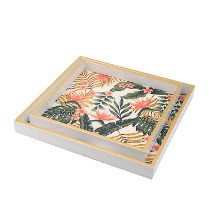 Set of 2 Decorative Trays, Crisp White MDF, Floral Printed PVC, Pink, Green