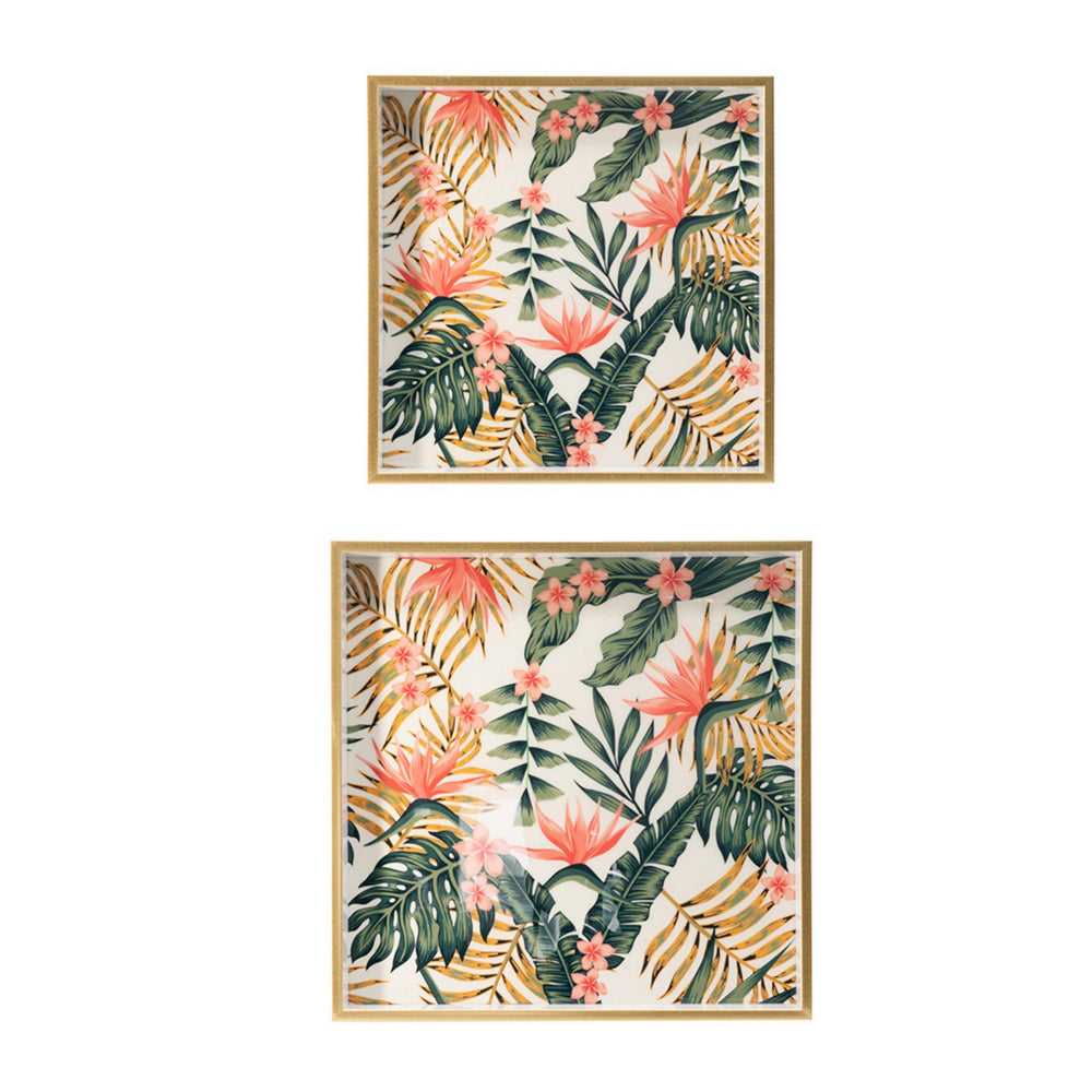 Set of 2 Decorative Trays, Crisp White MDF, Floral Printed PVC, Pink, Green