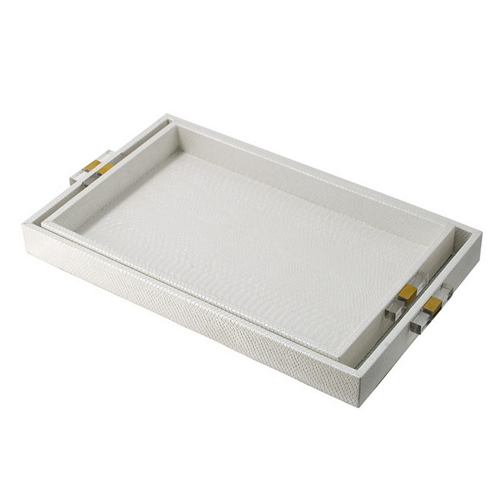 Set of 2 Decorative Trays, White MDF, Vegan Faux Leather, Snakeskin Texture