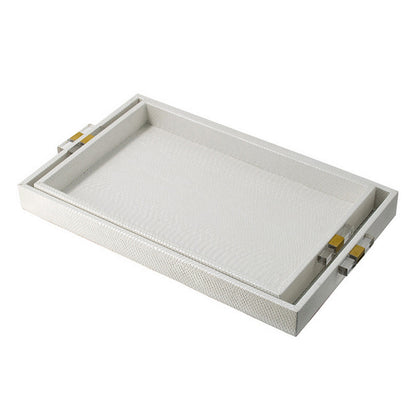 Set of 2 Decorative Trays, White MDF, Vegan Faux Leather, Snakeskin Texture