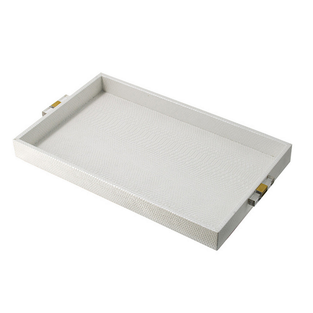 Set of 2 Decorative Trays, White MDF, Vegan Faux Leather, Snakeskin Texture