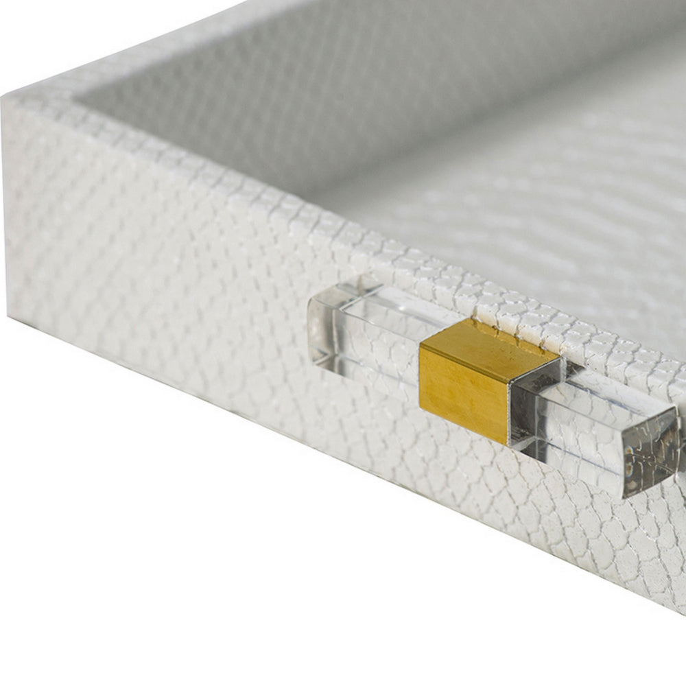 Set of 2 Decorative Trays, White MDF, Vegan Faux Leather, Snakeskin Texture