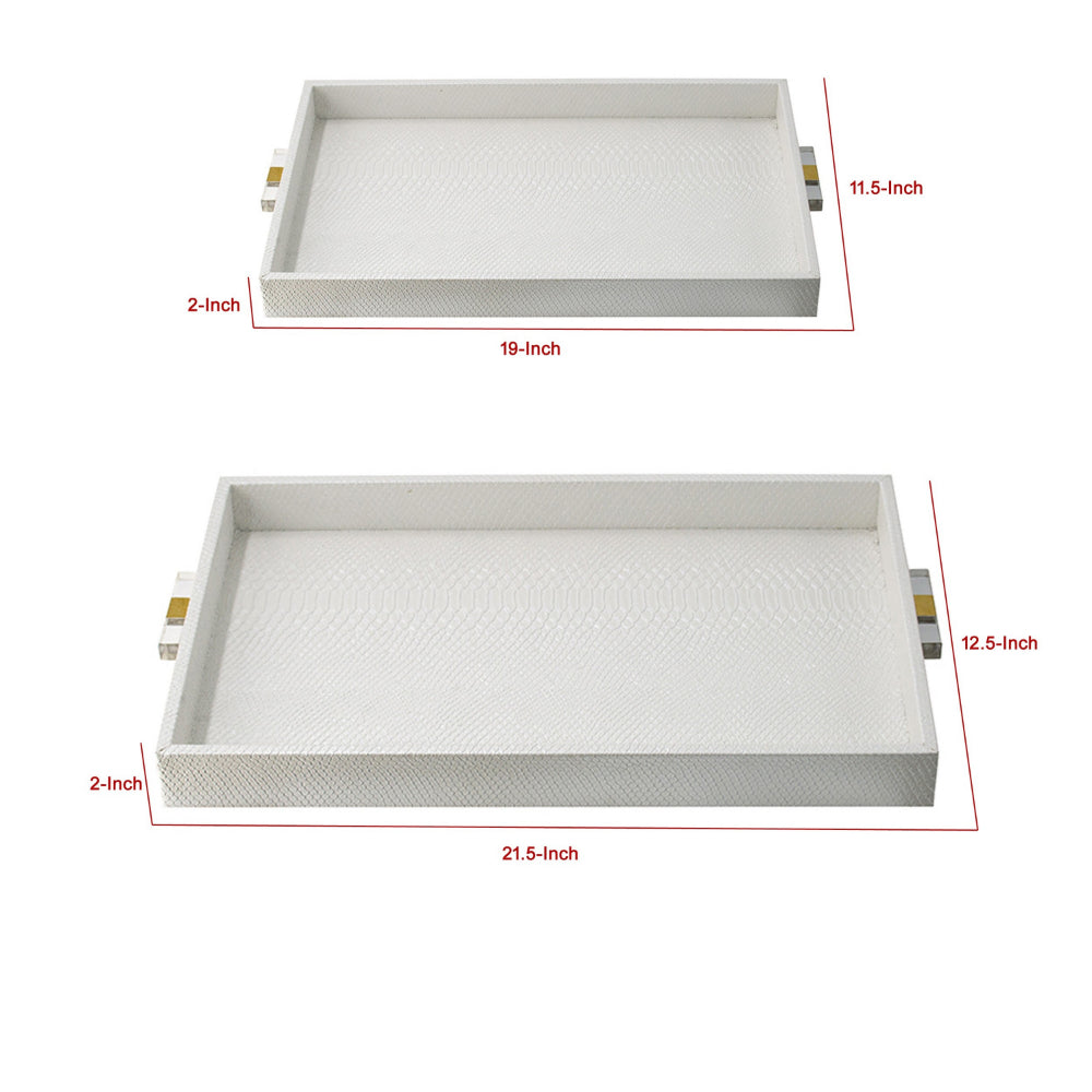Set of 2 Decorative Trays, White MDF, Vegan Faux Leather, Snakeskin Texture