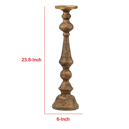 Mia 24 Inch Pillar Candle Holder, Antique Brass Metal, Turned Pedestal