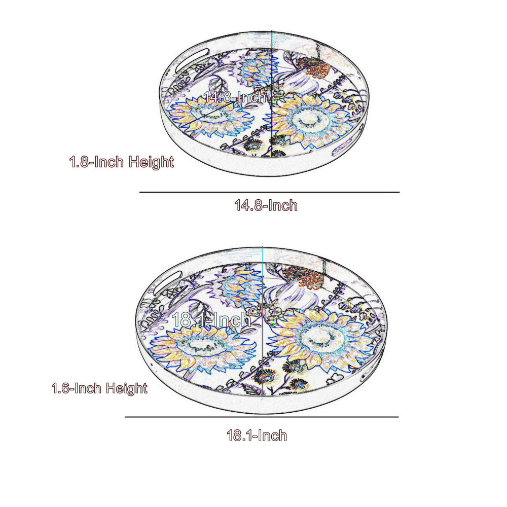 2 Piece Modern Decorative Trays, Round Plastic Frame, Sunflower Motifs