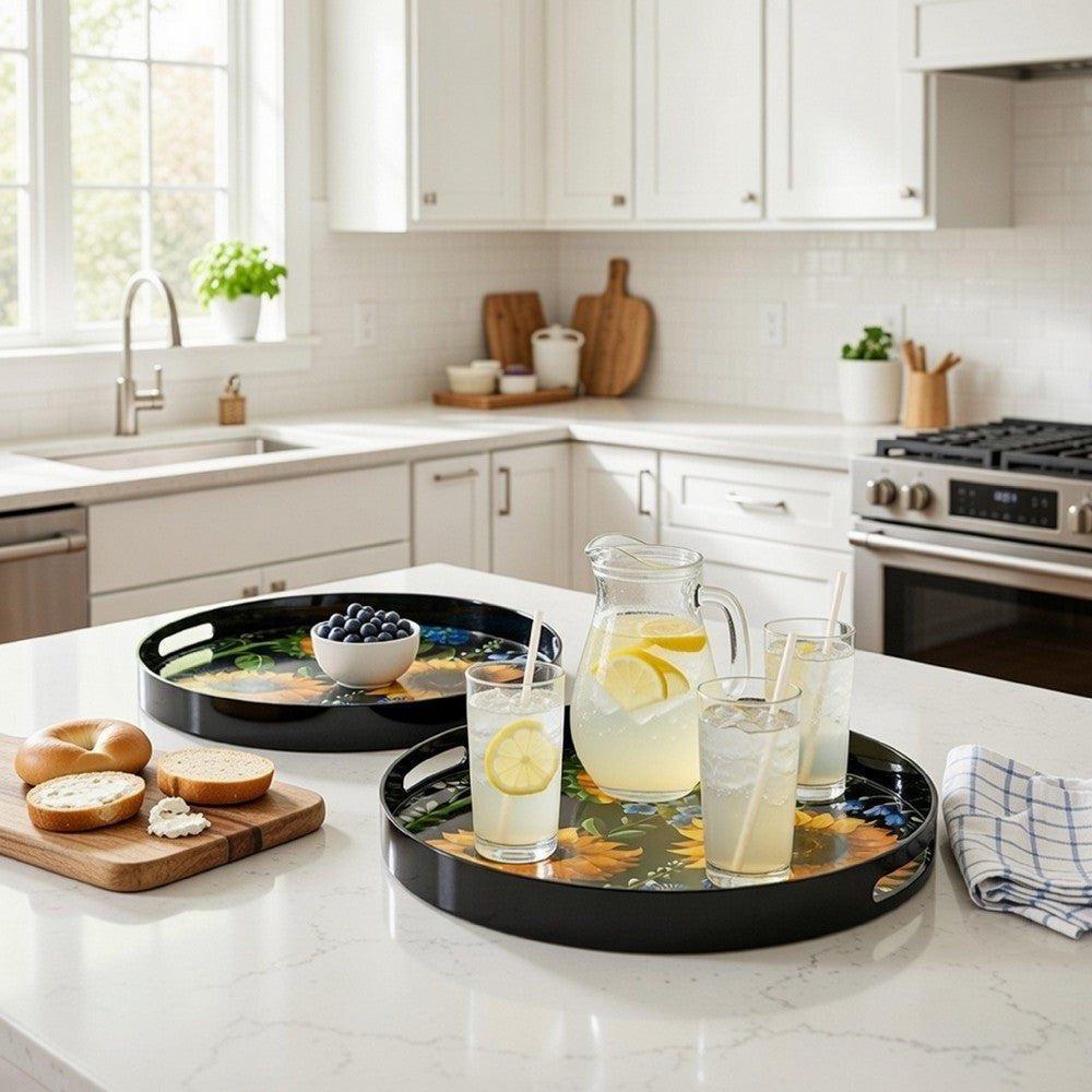 2 Piece Modern Decorative Trays, Round Plastic Frame, Sunflower Motifs