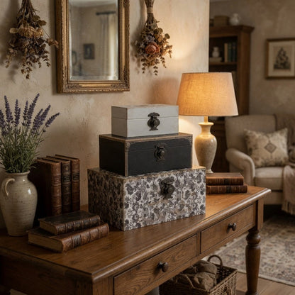 Leo Set of 3 Storage Boxes, Vegan Leather Lining, Ornate Printed Designs