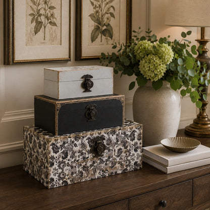 Leo Set of 3 Storage Boxes, Vegan Leather Lining, Ornate Printed Designs