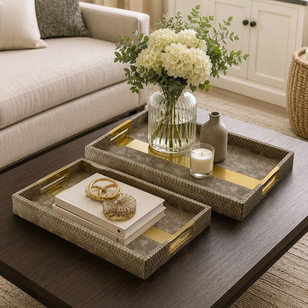 Set of 2 Textured Nesting Trays, MDF Frame, Vegan Faux Leather, Flannel