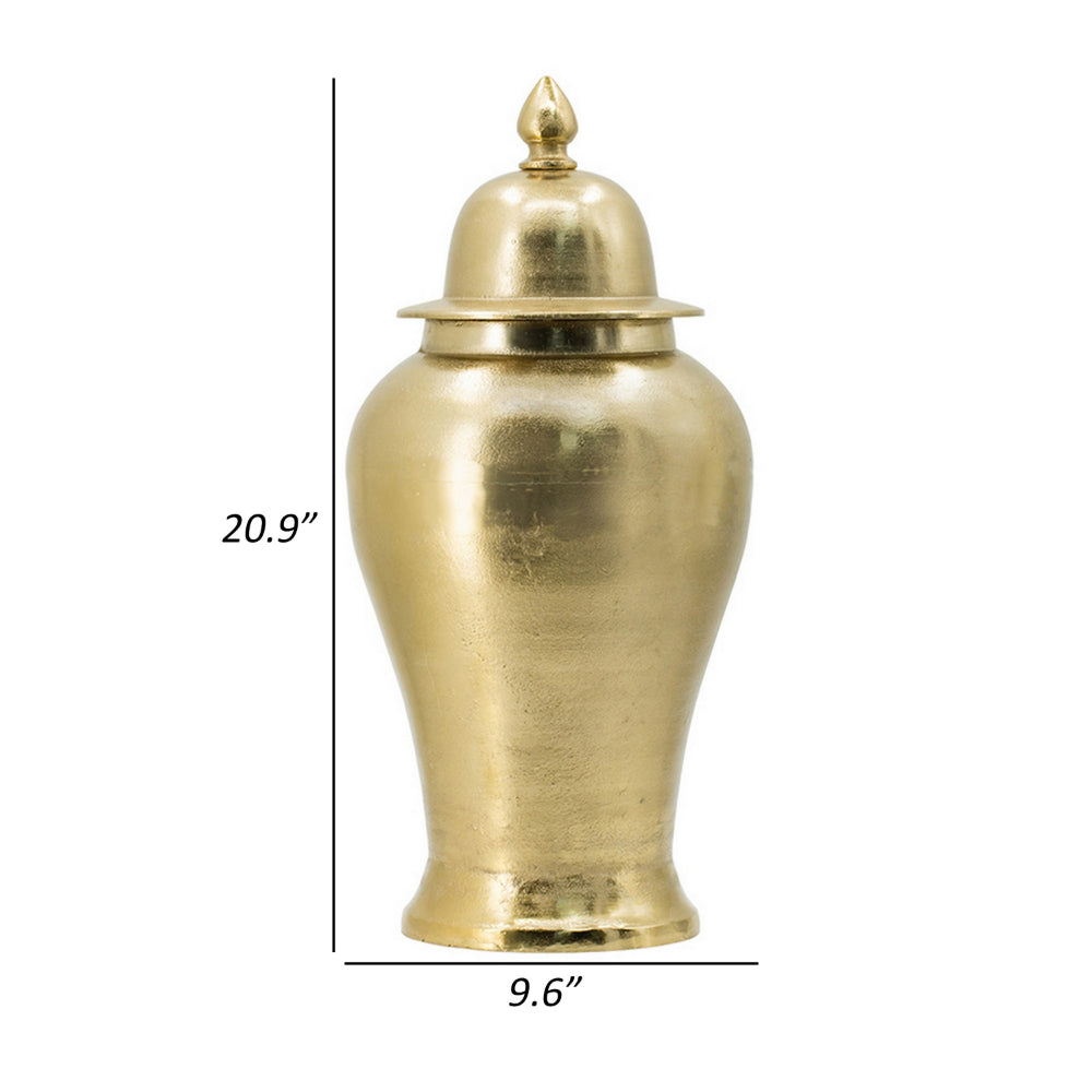 21 Inch Lidded Vase Urn, Finial Accent, Brilliant Gold Aluminum Finish
