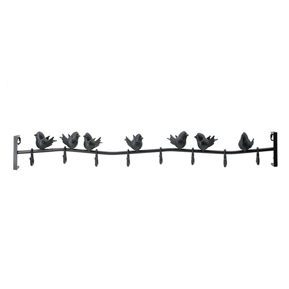 38 Inch Wall Hooks, Perched Birds, 8 Coat Hooks, Black Iron, Vintage Style