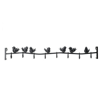 38 Inch Wall Hooks, Perched Birds, 8 Coat Hooks, Black Iron, Vintage Style