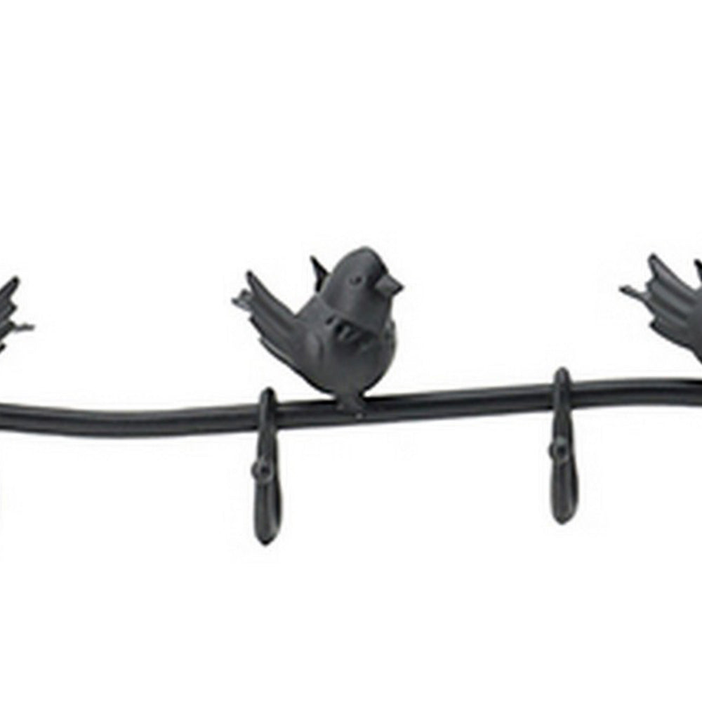 38 Inch Wall Hooks, Perched Birds, 8 Coat Hooks, Black Iron, Vintage Style
