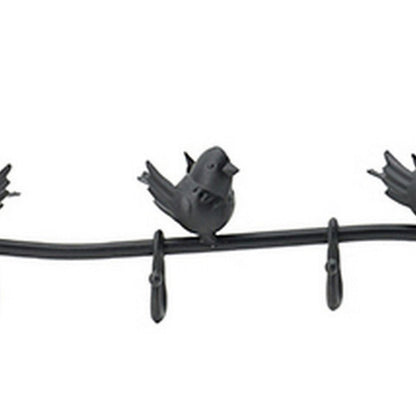 38 Inch Wall Hooks, Perched Birds, 8 Coat Hooks, Black Iron, Vintage Style