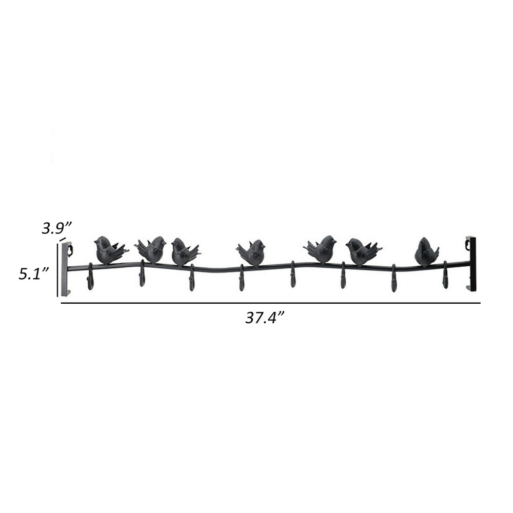 38 Inch Wall Hooks, Perched Birds, 8 Coat Hooks, Black Iron, Vintage Style