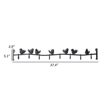 38 Inch Wall Hooks, Perched Birds, 8 Coat Hooks, Black Iron, Vintage Style