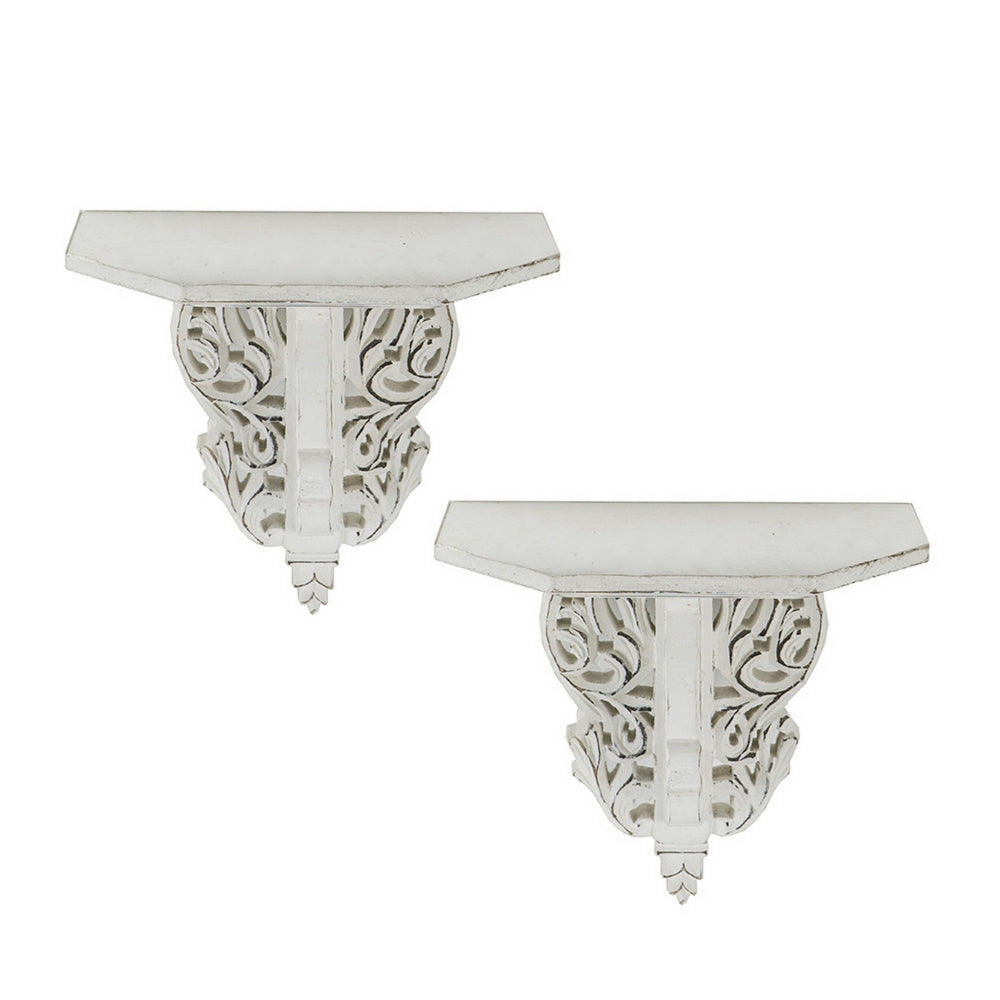 14 Inch Set of 2 Wall Decorations, Shelves, Antique White, Carved Design
