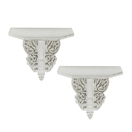 14 Inch Set of 2 Wall Decorations, Shelves, Antique White, Carved Design