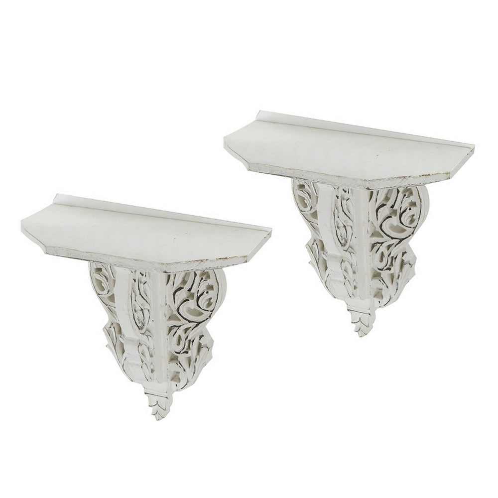 14 Inch Set of 2 Wall Decorations, Shelves, Antique White, Carved Design