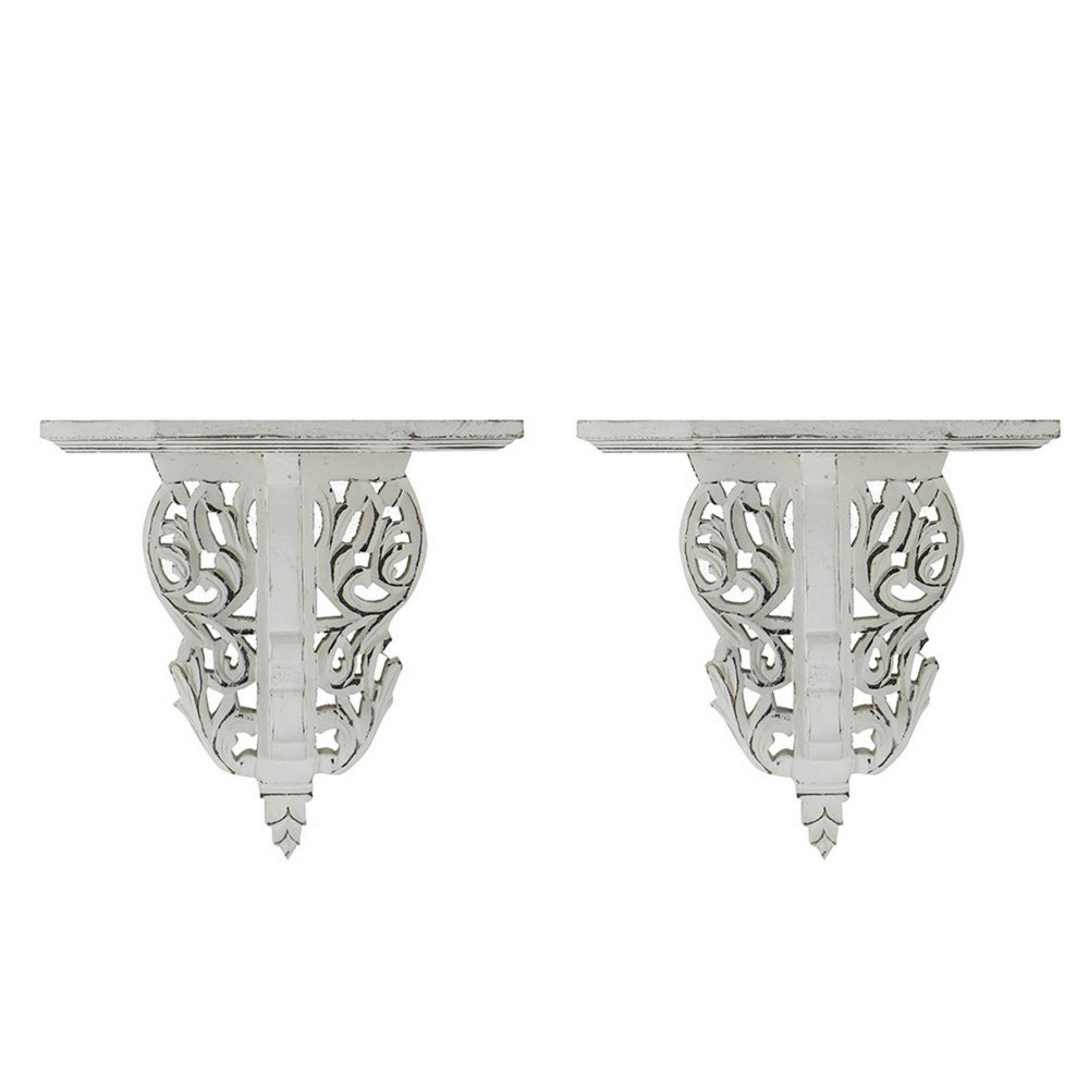 14 Inch Set of 2 Wall Decorations, Shelves, Antique White, Carved Design