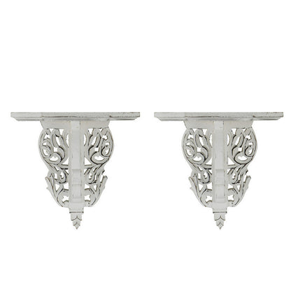 14 Inch Set of 2 Wall Decorations, Shelves, Antique White, Carved Design