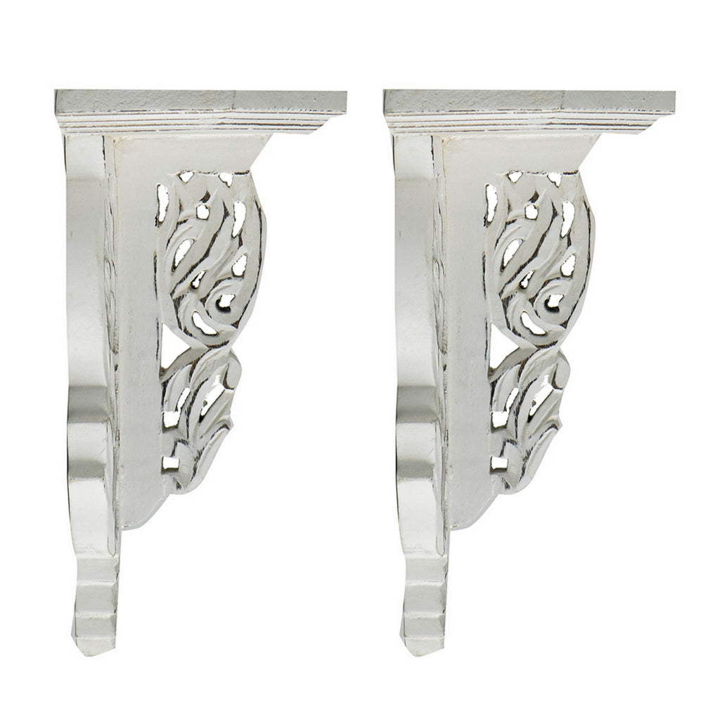 14 Inch Set of 2 Wall Decorations, Shelves, Antique White, Carved Design