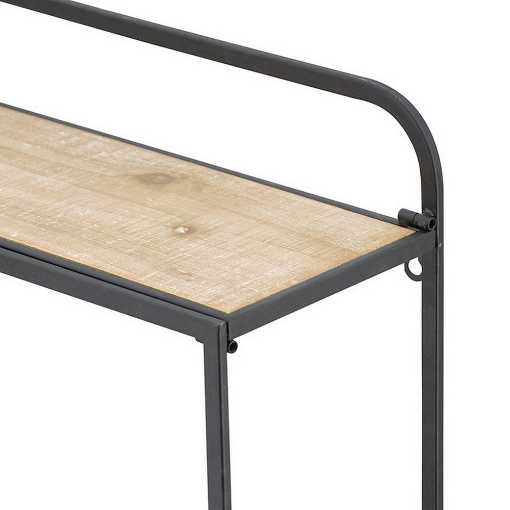 32 Inch Shelving Unit, Black Curved Iron Frame, Three Fir Wood Shelves