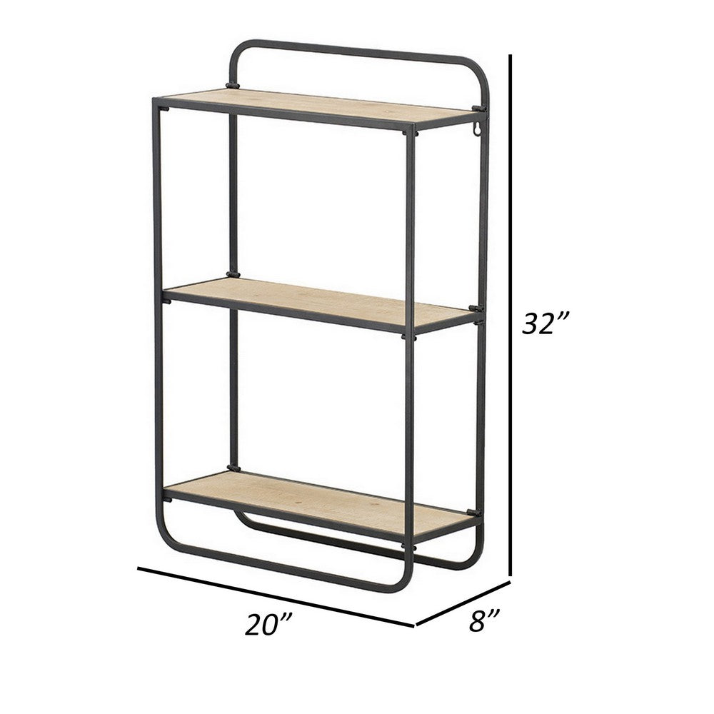 32 Inch Shelving Unit, Black Curved Iron Frame, Three Fir Wood Shelves