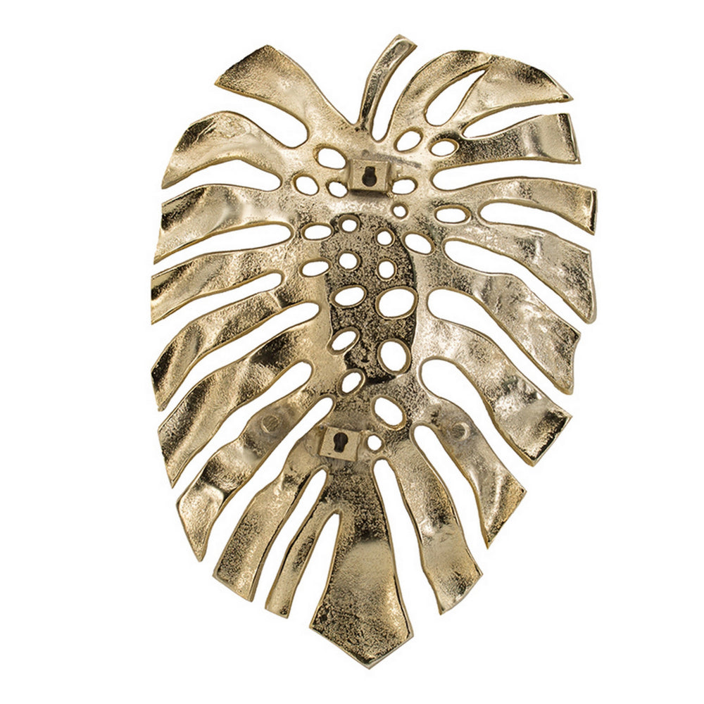 Linzo 19 Inch Aluminum Wall Hanging Bowl, Monstera Leaf, Bright Gold Finish