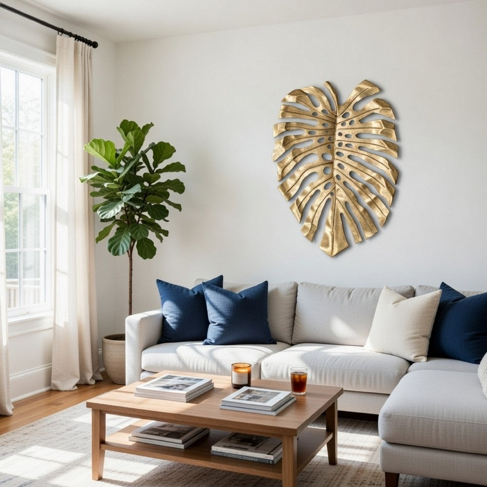Linzo 19 Inch Aluminum Wall Hanging Bowl, Monstera Leaf, Bright Gold Finish