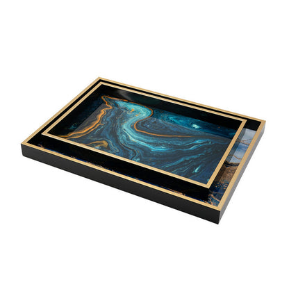 Set of 2 Rectangular Decorative Trays, Tall Rims, Faux Marble, Blue, Gold