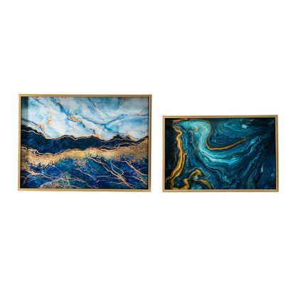 Set of 2 Rectangular Decorative Trays, Tall Rims, Faux Marble, Blue, Gold