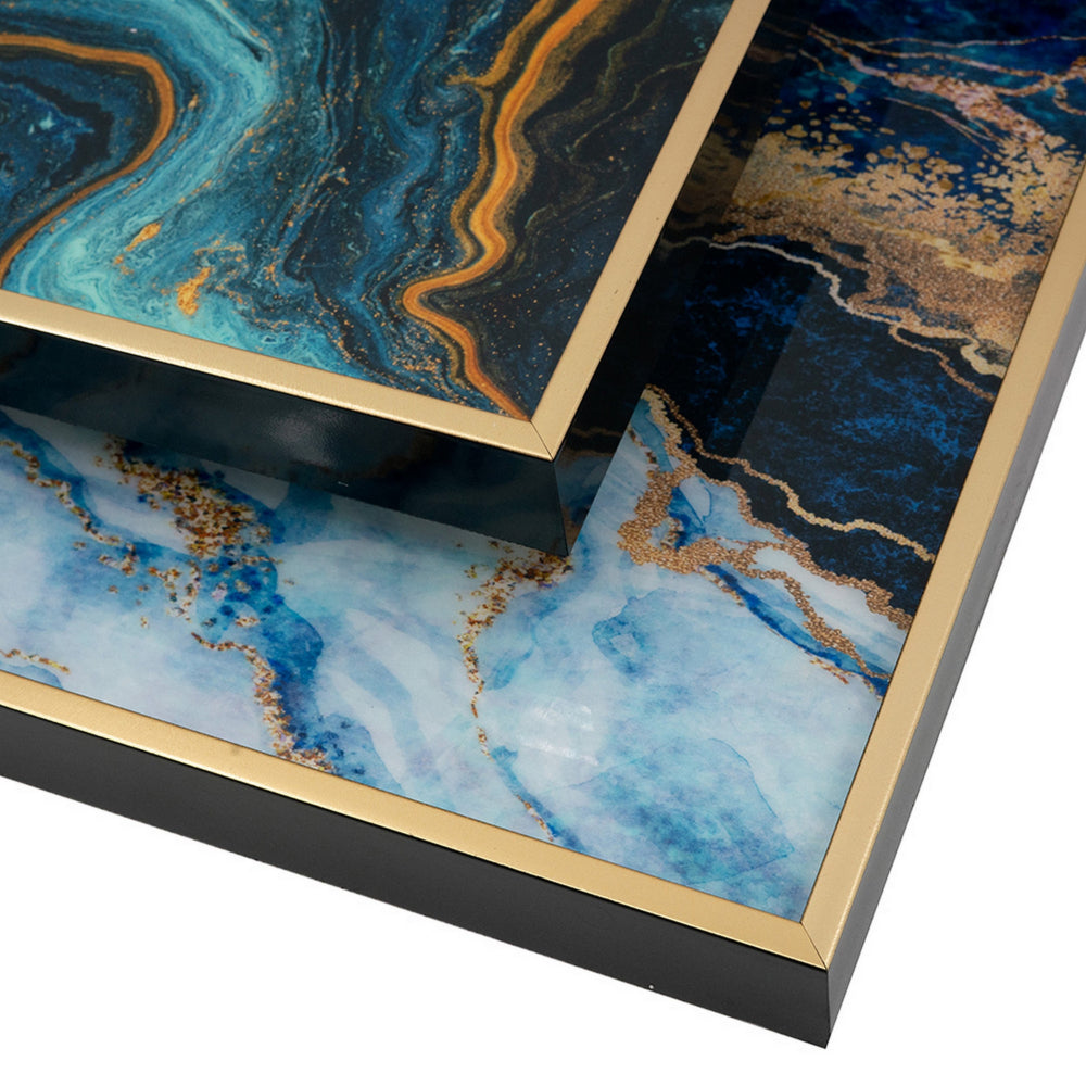 Set of 2 Rectangular Decorative Trays, Tall Rims, Faux Marble, Blue, Gold