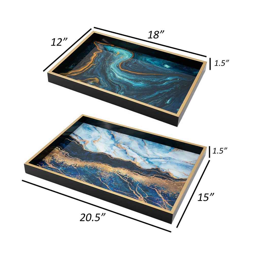 Set of 2 Rectangular Decorative Trays, Tall Rims, Faux Marble, Blue, Gold