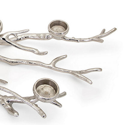 23 Inch Metal Tea Light Holder, Tree Branch Design, 4 Candle Slots, Silver