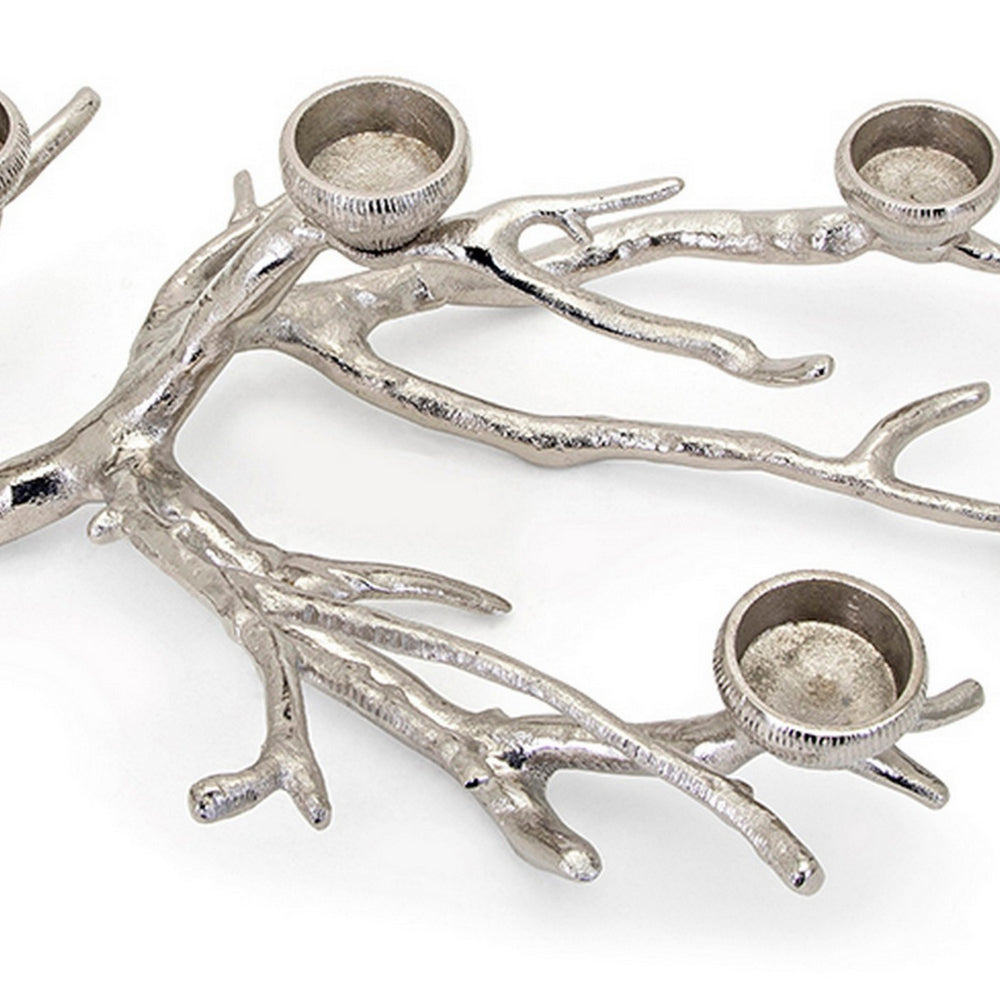 23 Inch Metal Tea Light Holder, Tree Branch Design, 4 Candle Slots, Silver