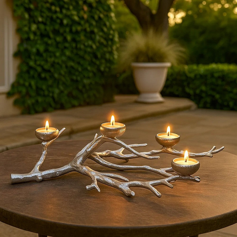 23 Inch Metal Tea Light Holder, Tree Branch Design, 4 Candle Slots, Silver