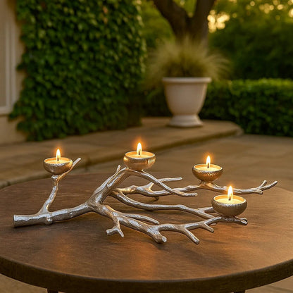 23 Inch Metal Tea Light Holder, Tree Branch Design, 4 Candle Slots, Silver
