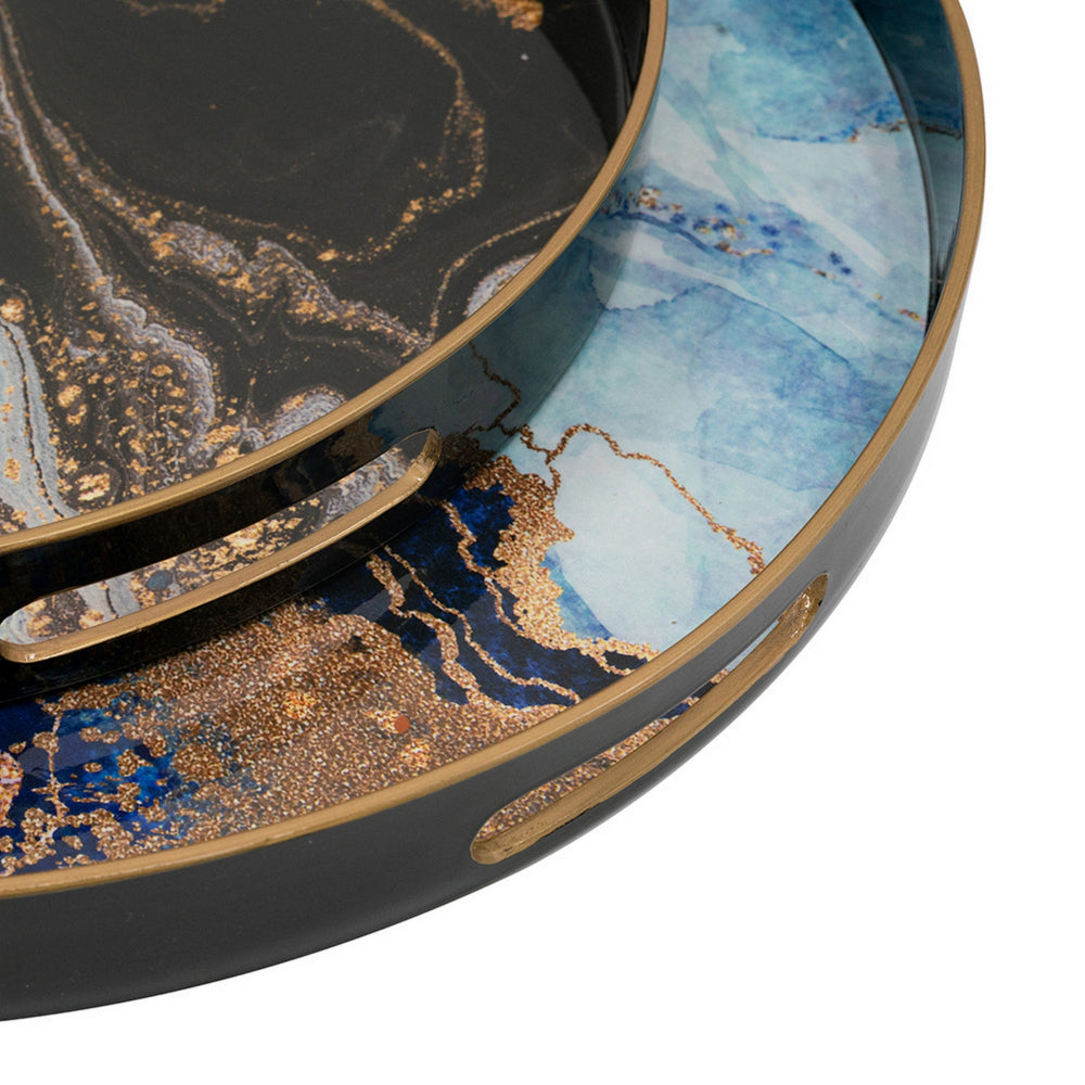 Set of 2 Round Decorative Trays, Tall Rims, Faux Marble, Blue, Gold