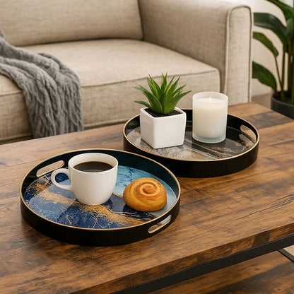 Set of 2 Round Decorative Trays, Tall Rims, Faux Marble, Blue, Gold