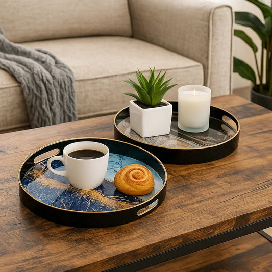 Set of 2 Round Decorative Trays, Tall Rims, Faux Marble, Blue, Gold