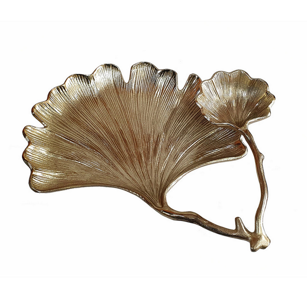 14 Inch Double Leaf Decorative Bowl, Firm Aluminum, Textured Gold Finish